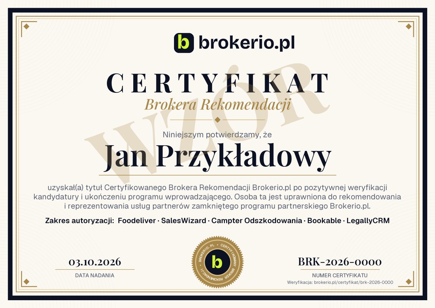 Przykładowy certyfikat Brokera Rekomendacji Brokerio.pl